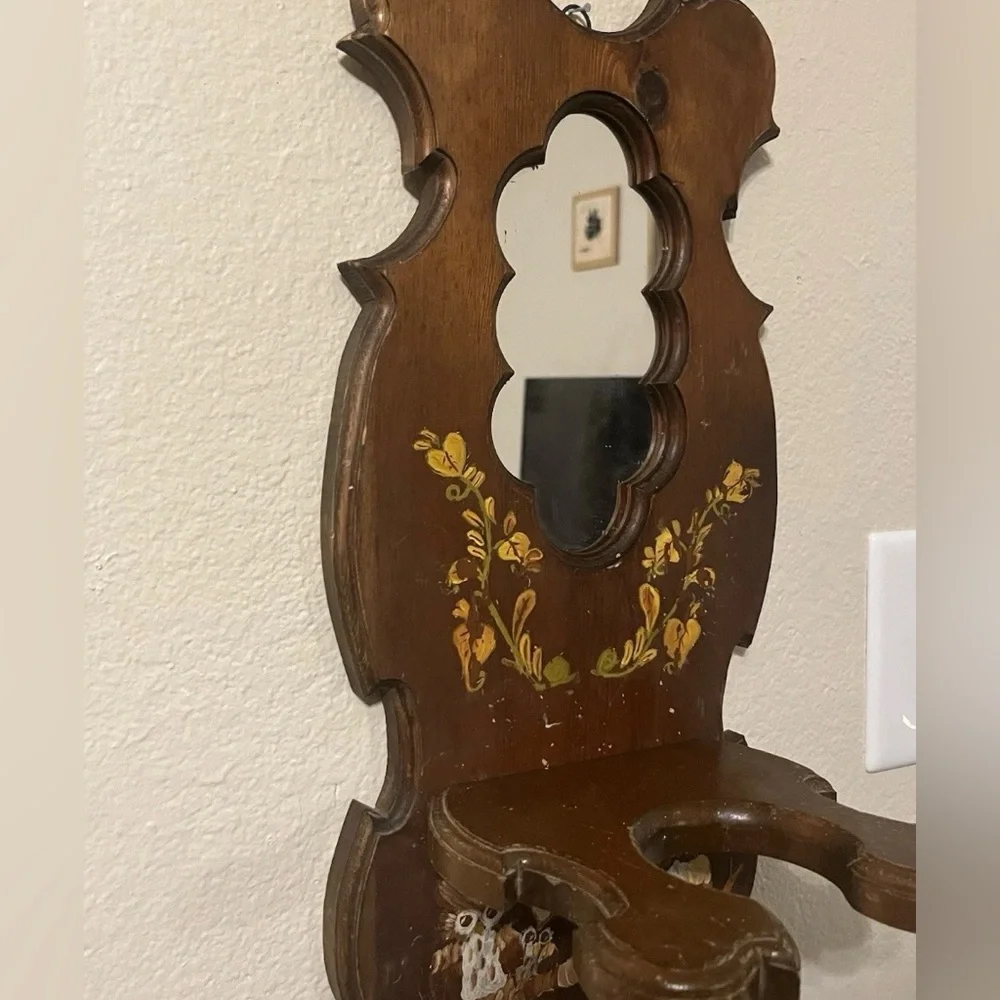 Vintage Handmade Ozark Wood Mirror Wall Sconce Shelf Owl Painted Rustic Candle